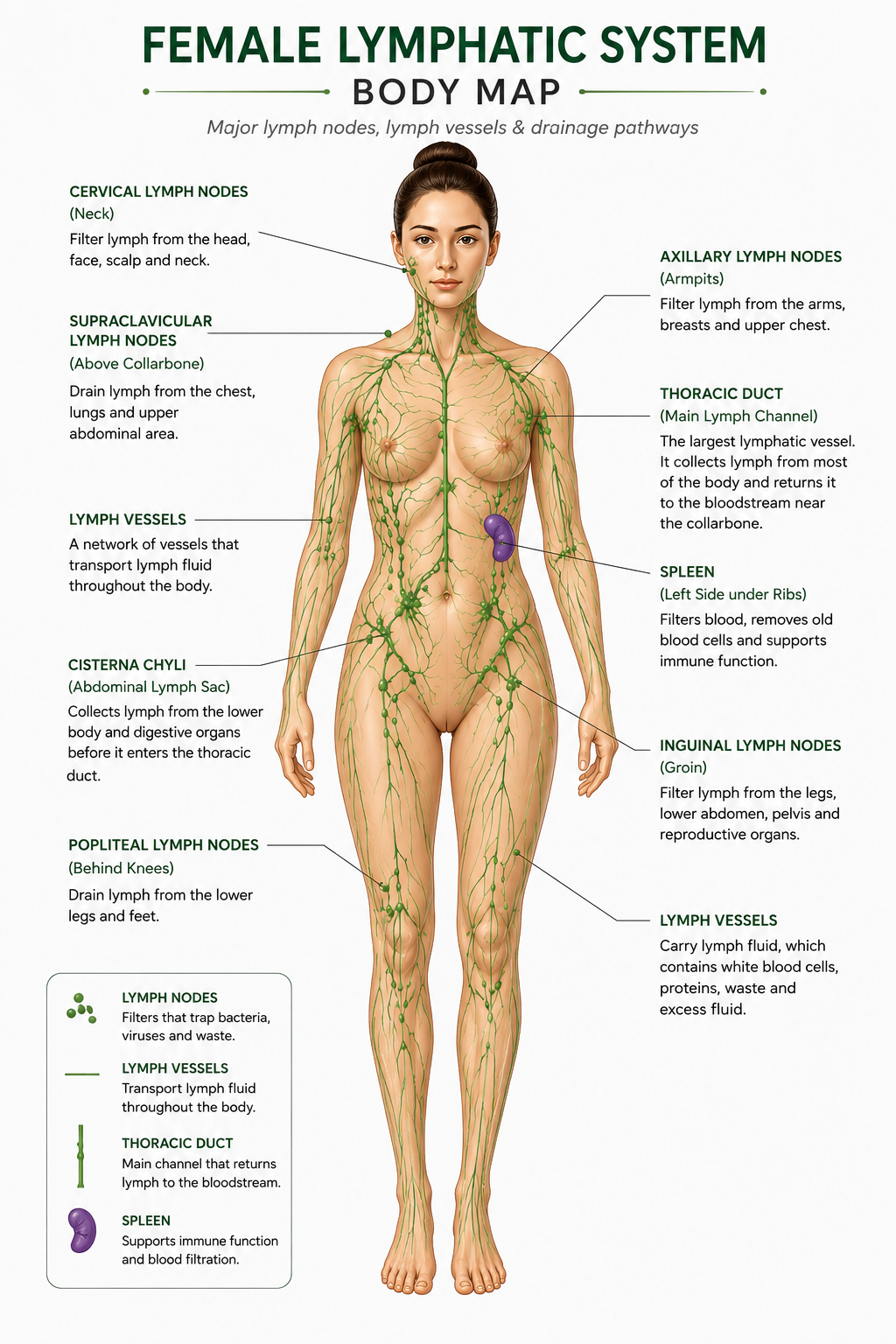Female lymphatic system body map showing lymph nodes, lymph vessels, thoracic duct, spleen and drainage pathways used in lymphatic drainage massage treatments at Your Body Vibes.